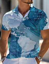 World Map Map Men's Casual 3D Print Golf Polo Outdoor Daily Wear Streetwear Polyester Short Sleeve Turndown Polo Shirts Lake blue Blue Spring & Summer S M L Micro-elastic Lapel Polo