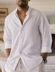 Men's Shirt Linen Shirt Button Up Shirt Summer Shirt Beach Shirt White Long Sleeve Plain Band Collar Spring & Summer Casual Daily Clothing Apparel
