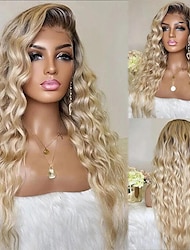 Remy Human Hair 13x4 Lace Front Wig Free Part Brazilian Hair Wavy Water Wave Blonde Wig 130% 150% Density with Baby Hair Color Gradient Ombre Hair For Women Long Human Hair Lace Wig
