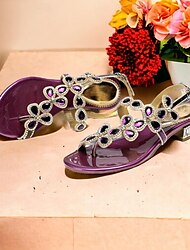 Mulheres Sapatos De Casamento Sandálias Sapatos de vestir Lantejoulas de Cristal com Brilho Sapatos Brilhantes Casamento Festa Sandálias de casamento Salto de bloco Sem Salto Elegante Boêmia Vintage