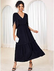 Damen Baumwolle schwarzes kleid Randbereich V Ausschnitt Maxidress solide Boho Urlaub Kurzarm Sommer