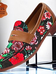 Men's Loafers Black Leather Floral Embroidered