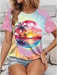 Women's T Shirt Tee Tie Dye Pink Short Sleeve Crew Neck Tropical Hawaiian Vacation Summer