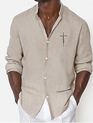 Men's 95% Cotton Shirt Linen Shirt Button Up Shirt Plain Long Sleeve Band Collar khaki Shirt Casual Daily Hawaiian