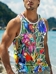 Graphic Tropical Parrot Vacation Tropical Fashion Men's 3D Print Tank Top Vest Top Sleeveless T Shirt for Men Sports Outdoor Casual Gym T shirt Green Sleeveless Crew Neck Shirt Summer Spring Clothing