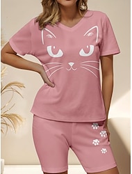 Pentru femei Tricou Seturi de pantaloni scurți Pisica Casul / Zilnic Imprimeu Alb Manșon scurt Modă În V Vară