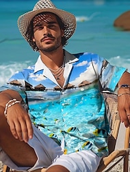 ימי הוואי אתר נופש בגדי ריקוד גברים חולצה חולצת הוואי קזו'אל הוואי חגים קיץ אביב צווארון מתקפל שרוולים קצרים סגול, כתום, כחול כהה S, M, L בד מתיחה חולצה