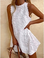 Γυναικεία Φόρεμα Μίνι φόρεμα Δαντέλα Κουρελού Κομψό στυλ street Στρογγυλή Ψηλή Λαιμόκοψη Λευκό Χρώμα