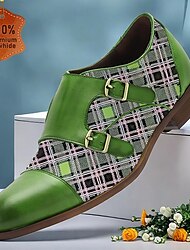 Men's Monk shoes Green Brogue Leather Italian Full-Grain Cowhide Slip Resistant Magic Tape Buckle