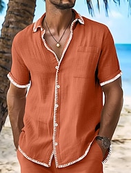 Men's Shirt Linen Shirt Summer Shirt Beach Shirt Black Orange Beige Short Sleeve Plain Collar Summer Spring Casual Daily Clothing Apparel