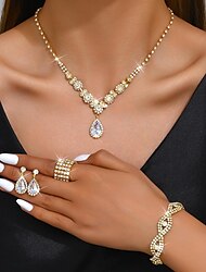 Jewelry Set 5pcs Rhinestone Alloy Rings Earrings Necklace Bracelets Women's Elegant Fashion Dainty Geometrical Geometric Jewelry Set For Wedding Party Anniversary