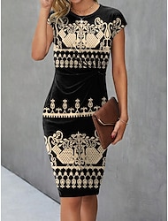 Women's Geometric Print V Neck Mini Dress Short Sleeve Summer