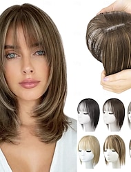Hair Toppers for Women Adding Hair Volume Topper with Bangs 12 Inch Synthetic Invisible Clips in Hair Pieces with Thinning Hair Natural Looking Topper Hair Extension for Daily Use