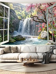 Waterfall Window View Hanging Tapestry Wall Art Large Tapestry Mural Decor Photograph Backdrop Blanket Curtain Home Bedroom Living Room Decoration Cottagecore