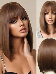 Black Dark Brown Blonde Auburn Bob Brown Wig with Bangs Natural Short Straight Wigs for Women Shoulder Length Synthetic Wigs for Daily Cosplay