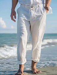 Hombre Pantalones de lino Pantalones Pantalones de verano Pantalones de playa Bolsillo delantero Pierna recta Plano Comodidad Transpirable Casual Diario Festivos Moda Básico Blanco Azul cielo