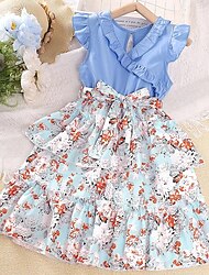 šaty děti dívky 7-12 let dívčí modré pletené květinové šaty s výstřihem do V malé létající rukávové šaty na dovolenou děti princeznovské šaty
