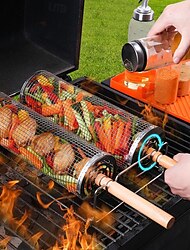 2pcs/set Nesting Grill Baskets with Removable Wooden Handle, 304 Stainless Steel, Rolling Grilling Tube Net Mesh Accessories for Vegetables Shrimp, Gifts for Men Dad Husband, Outdoor BBQ Camping Picni