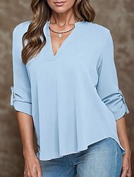 55% Linen Women's Cotton Linen Shirt  Plain Casual  Summer Tops Light Blue Vacation Outing Asymmetric Hem Long Sleeve