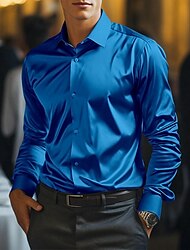 男性用 シャツ サテンシャツ ボタンアップシャツ カジュアルシャツ サマーシャツ ホワイト ワイン ブルー グリーン 長袖 平織り カラー 日常 バケーション 衣類 ファッション カジュアル
