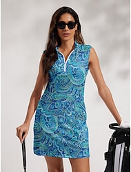 Women's Golf Dress Blue Sleeveless Sun Protection Tennis Outfit Paisley Ladies Golf Attire Clothes Outfits Wear Apparel