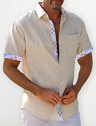 Ανδρικά λινό πουκάμισο Casual πουκάμισο Καλοκαιρινό πουκάμισο Πουκάμισο παραλίας Λευκό Θαλασσί Πράσινο Κοντομάνικο Σκέτο Πέτο Ανοιξη καλοκαίρι Χαβανέζα Αργίες Ρούχα Μπροστινή τσέπη