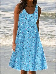 Γυναικεία Φόρεμα για τον ήλιο Αμάνικο φόρεμα Φλοράλ Στάμπα Λαιμόκοψη U Μίντι φόρεμα Καθημερινά Διακοπές Αμάνικο Καλοκαίρι