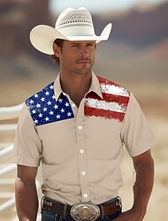 דגל דגל ארה"ב האמריקני סגנון מערבי שבטי בגדי ריקוד גברים חולצה קיץ אביב צווארון חולצה שרוולים קצרים חאקי S, M, L פוליאסטר חולצה