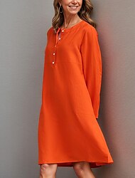 Women's Orange Linen Dress 55% Linen Breathable Long Sleeve Mini Summer Spring