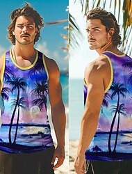 Ombre Graphic Coconut Palm Vacation Tropical Fashion Men's 3D Print Tank Top Vest Top Sleeveless T Shirt for Men Casual Hawaiian Holiday T shirt Purple Sleeveless Crew Neck Shirt Summer Spring