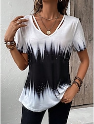 Women's T shirt Tee Color Block Daily Weekend Print White Short Sleeve Fashion V Neck Summer