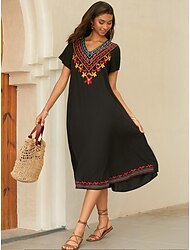 女性用 刺繍 黒いドレス ミディドレス フラワー Ｖネック 半袖 夏 春 ブラック