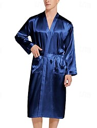 Men's Pajamas Silk Robe Sleepwear Bath Gown Plain Fashion Stylish Classic Home Daily Bed Polyester Comfort Soft V Neck Long Sleeve Belt Included Summer Spring Black Red