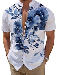 Floral Casual Men's Shirt Daily Holiday Summer Spring Fall Stand Collar Short Sleeve White S, M, L Polyester Shirt