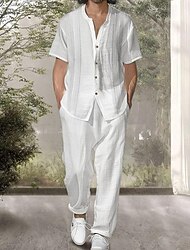 Ανδρικά Αντιστοίχιση σετ Λευκό Πουκάμισο Casual πουκάμισο Μπλουζάκι μπλουζάκι Παντελόνια Casual παντελόνι Σκηνικά Κοντομάνικο Κορδέλα Κολάρο Διακοπές Καθημερινά Σκέτο 2 τεμάχια Πολυεστέρας