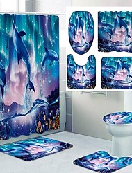 Sea world banheiro deco 4 peças conjunto de cortina de chuveiro conjuntos de banheiro moderno decoração de banheiro com tapete de banho em formato de u e tampa de vaso sanitário e 12 ganchos