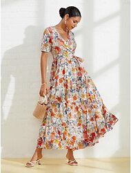 платье макси из хлопка с цветочным принтом и перекрестным воротником
