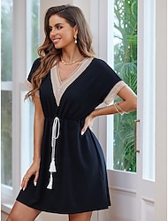 Women's Black Dress Mini Dress Tassel Fringe Lace Streetwear Casual V Neck Short Sleeve Black Color