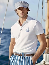 Men's Casual Sports Lapel Short Sleeve Fashion Beach Solid Color Ship Button Summer White