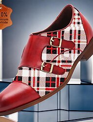 Men's Monk shoes Brogue Leather Italian Full-Grain Cowhide Slip Resistant Magic Tape Buckle Red