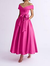 A-Line Cocktail Dresses Elegant Dress Wedding Guest Kentucky Derby Tea Length Short Sleeve Off Shoulder Pocket Satin with Bow(s) 2024