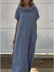 Damen Armeegrün Rosa Blau Sommer Frühling Maxikleid Leinen-inspirierte Kleider Freizeitkleid Baumwoll-Leinenkleid Basic Modern Täglich Wochenende Lässiger Schnitt Einfach Rundhalsausschnitt