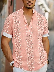 メンズ カジュアル シャツ デイリー バケーション 夏 春 スタンドカラー 半袖 ピンク S、M、L ポリエステル シャツ