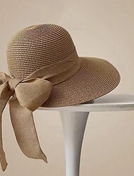 Жен. Шляпа Соломенная шляпа Шляпа от солнца Компактность Защита от солнца Дышащий Для улицы Повседневные выходные Бант Чистый цвет