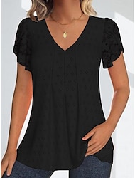 Women's Shirt Blouse Plain Daily Lace Smocked Black Short Sleeve Casual V Neck Summer