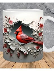 Kubek ceramiczny 3D - czerwony kardynał, północnoamerykańska zięba czerwona, wzór ostrokrzewu zimowego - idealny do kawy i napojów - rozkosz dla miłośników ptaków