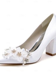 Women's Wedding Shoes Ladies Shoes Valentines Gifts White Shoes Wedding Party Valentine's Day Wedding Heels Bridal Shoes Bridesmaid Shoes Rhinestone Satin Flower Chunky Heel Pointed Toe Elegant