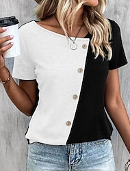 女性用 Tシャツ カラーブロック 日常 週末 ボタン ホワイト 半袖 ファッション Ｖネック 夏