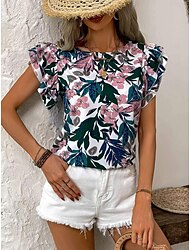 Women's Shirt Blouse Floral Ruffle Print Daily Vacation Casual Short Sleeve Crew Neck Green Summer