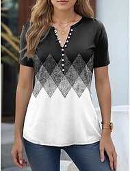 Damen T Shirt Geometrisch Farbblock Wochenende Taste Bedruckt Schwarz Kurzarm Stilvoll Brautkleider schlicht Rundhalsausschnitt Sommer Frühling
